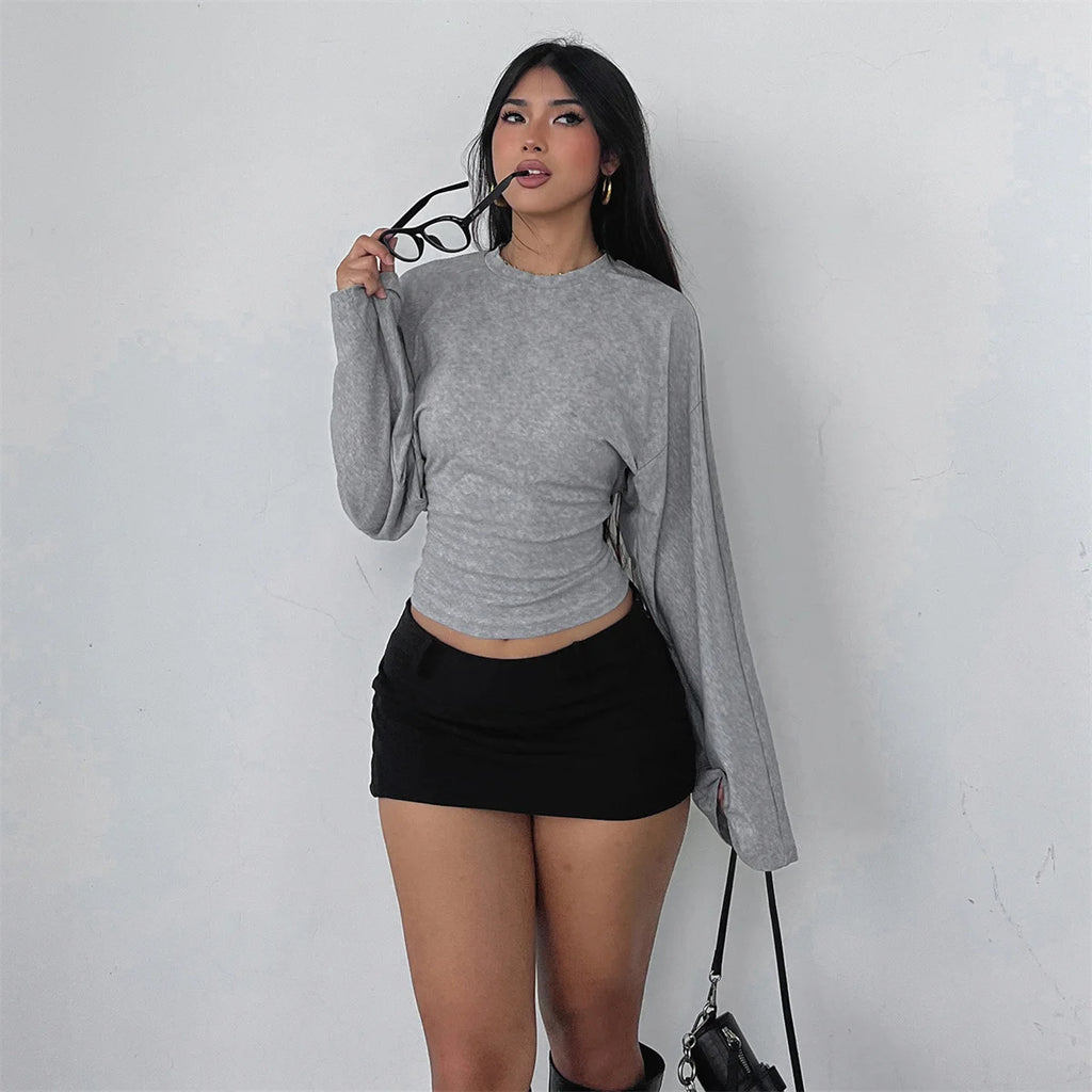 Round Neck Cinched Waist Slim Crop Top