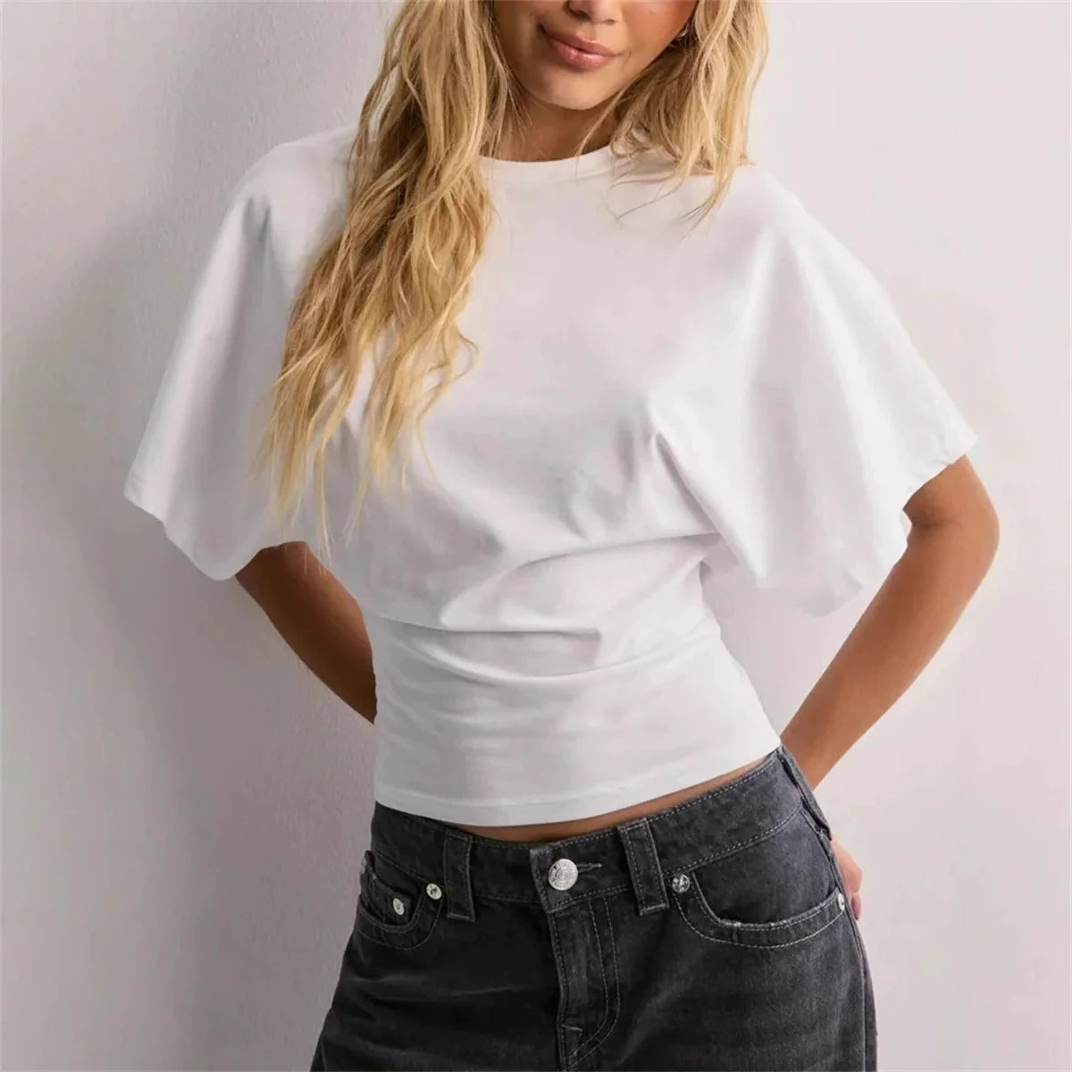 Round Neck Cinched Waist Slim Crop Top