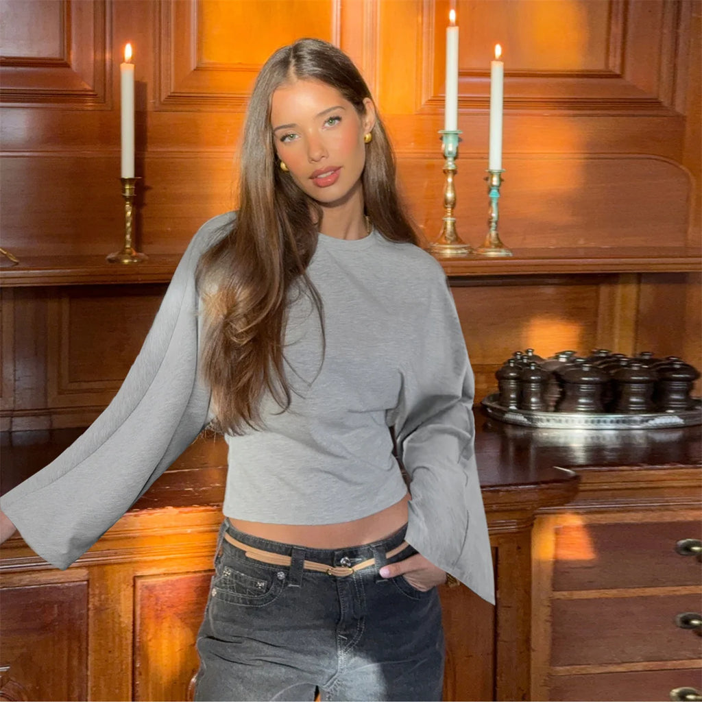 Round Neck Cinched Waist Slim Crop Top