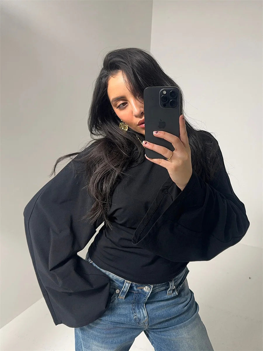 Round Neck Cinched Waist Slim Crop Top