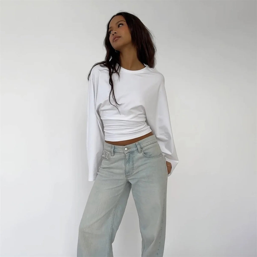 Round Neck Cinched Waist Slim Crop Top