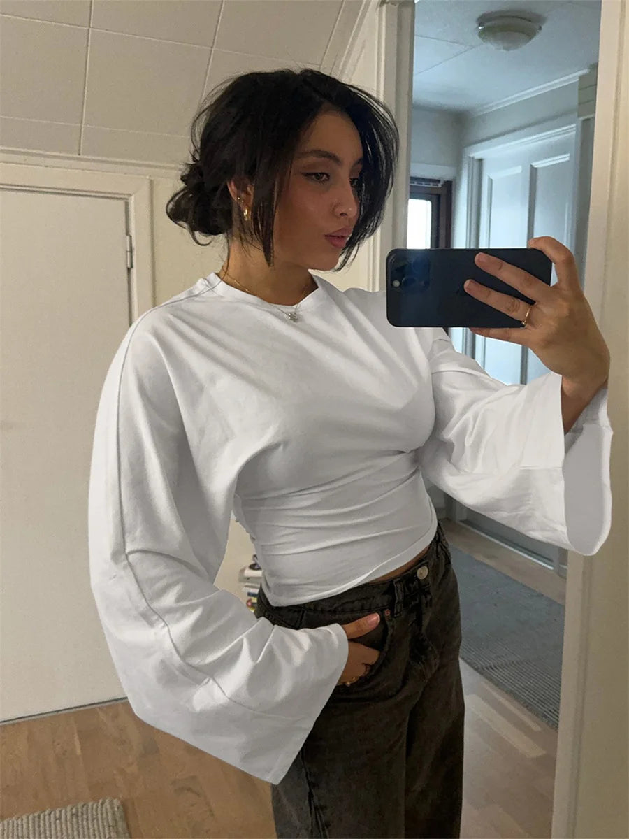 Round Neck Cinched Waist Slim Crop Top