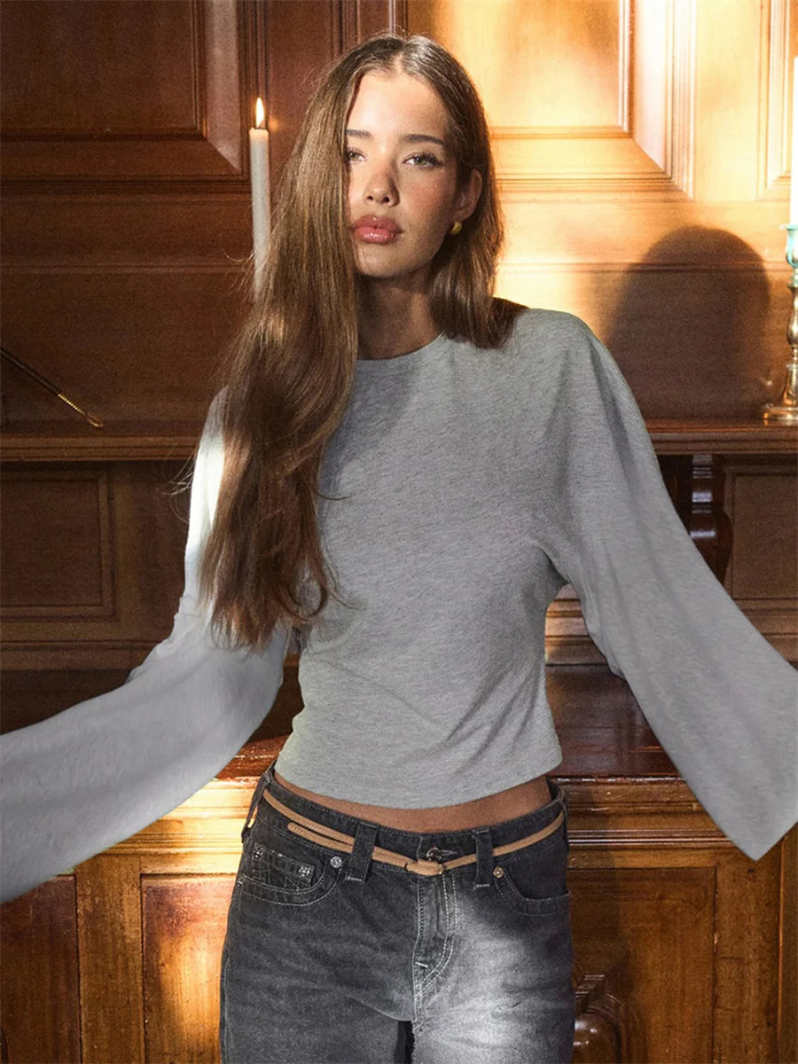 Round Neck Cinched Waist Slim Crop Top