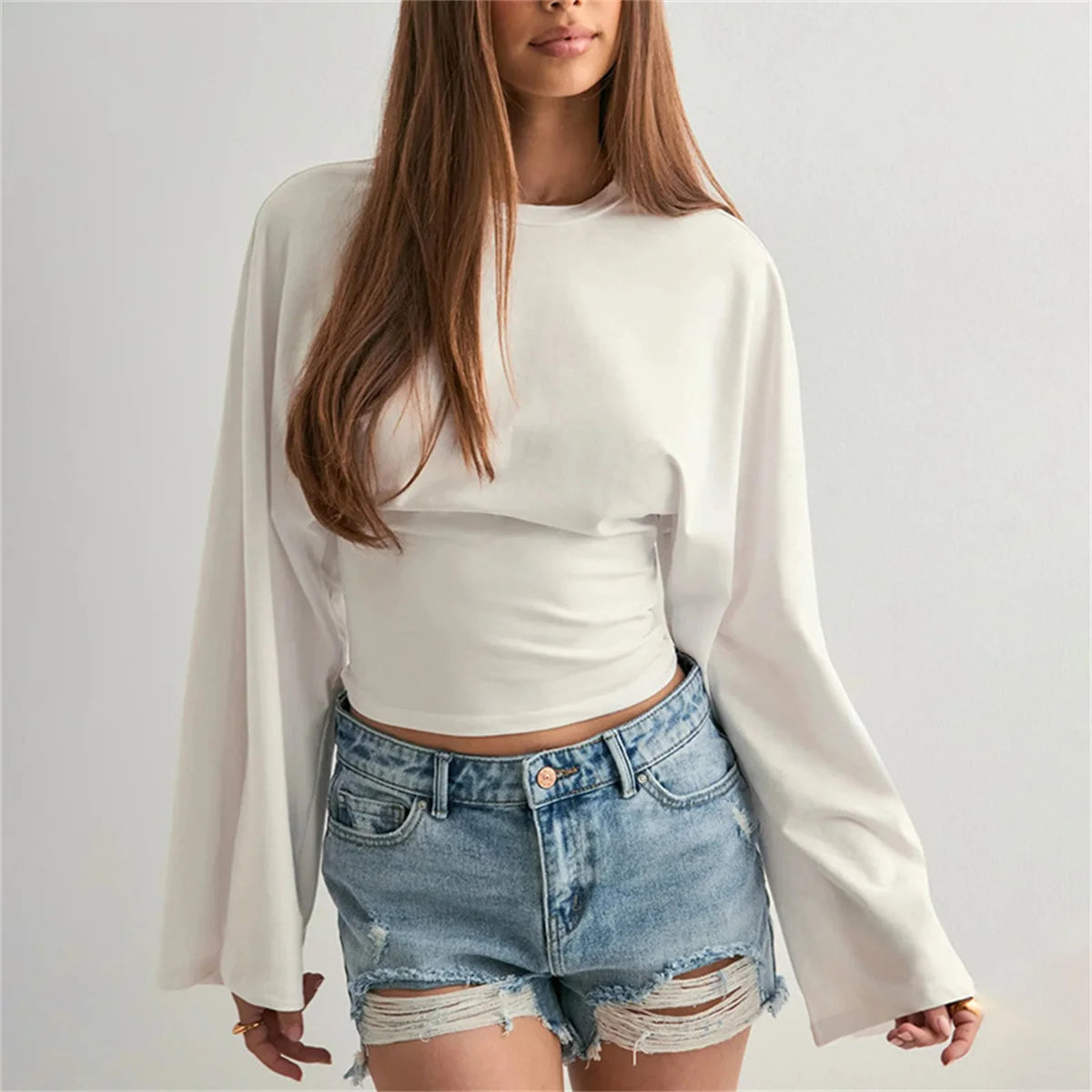 Round Neck Cinched Waist Slim Crop Top