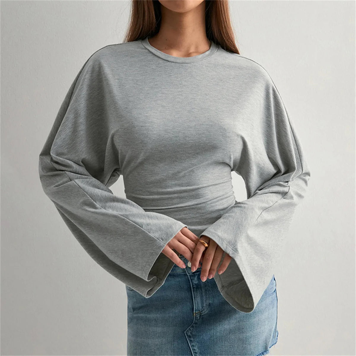 Round Neck Cinched Waist Slim Crop Top
