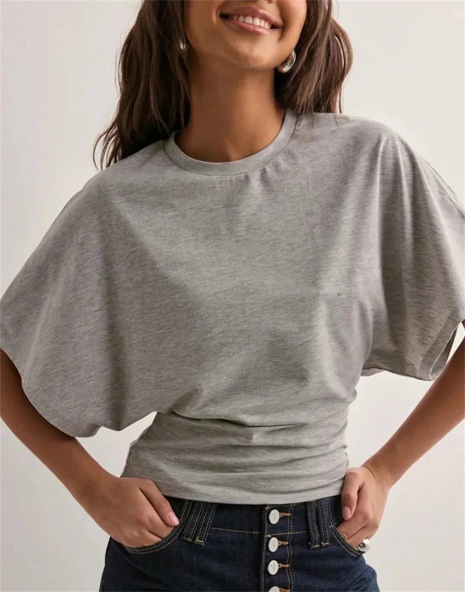 Round Neck Cinched Waist Slim Crop Top