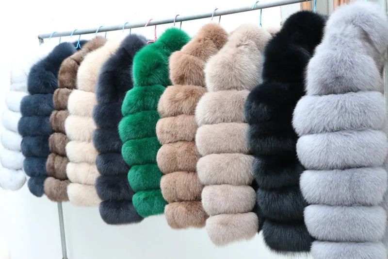 QUEENTINA Real Fox Fur Coat With Collar Overcoat