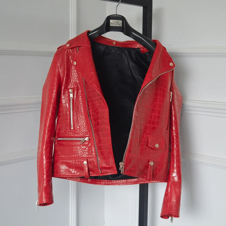 Mauroicardi Spring Red Crocodile Faux Leather Biker Jacket