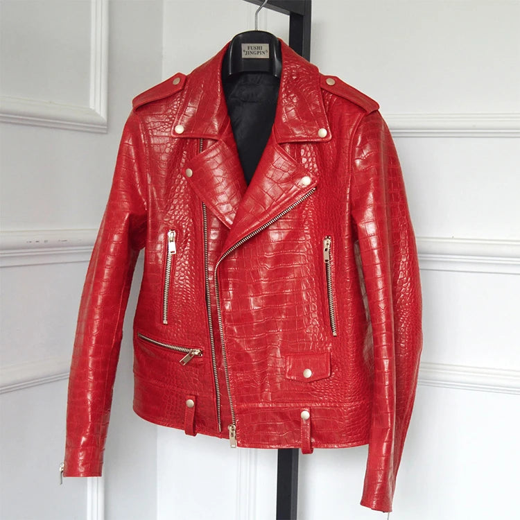 Mauroicardi Spring Red Crocodile Faux Leather Biker Jacket