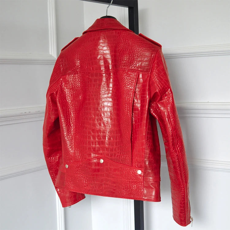Mauroicardi Spring Red Crocodile Faux Leather Biker Jacket