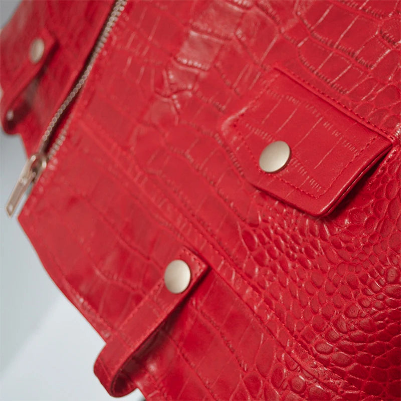Mauroicardi Spring Red Crocodile Faux Leather Biker Jacket