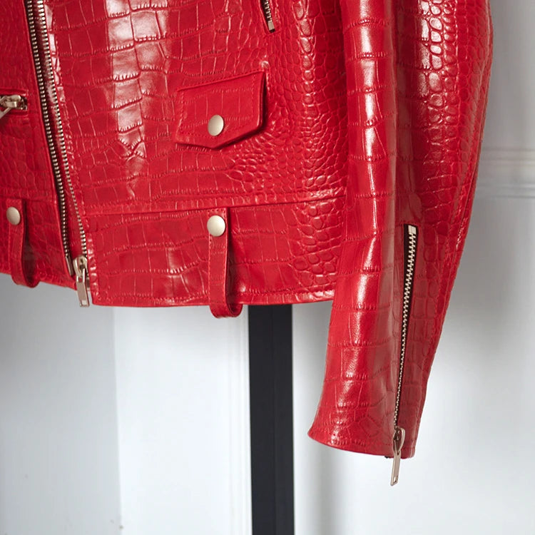 Mauroicardi Spring Red Crocodile Faux Leather Biker Jacket