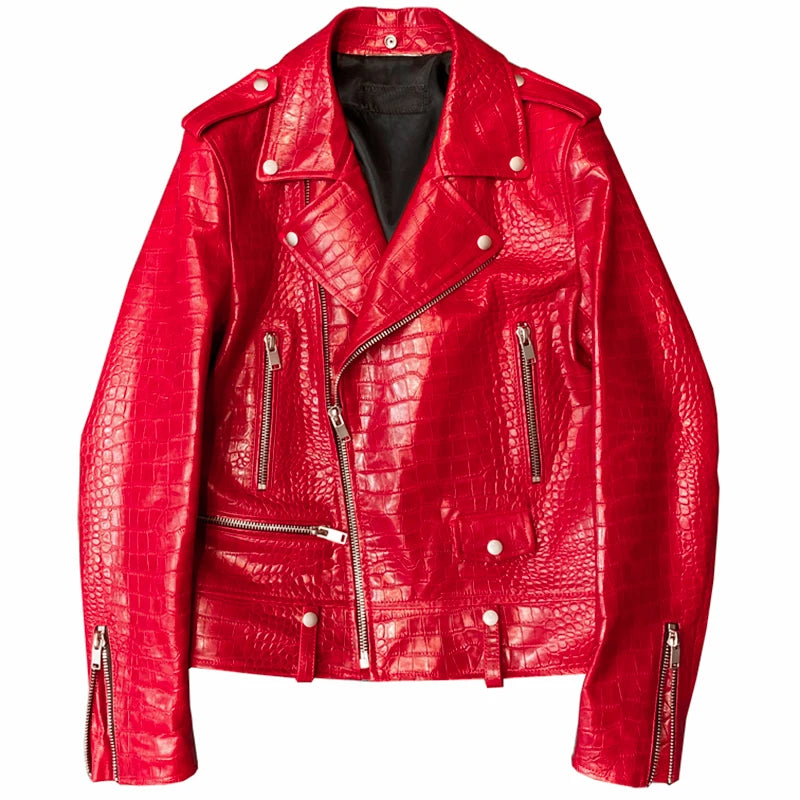 Mauroicardi Spring Red Crocodile Faux Leather Biker Jacket