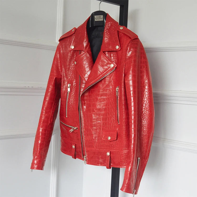 Mauroicardi Spring Red Crocodile Faux Leather Biker Jacket