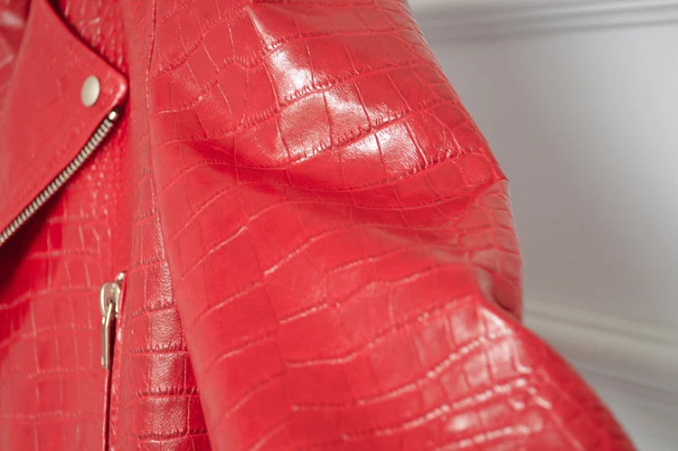 Mauroicardi Spring Red Crocodile Faux Leather Biker Jacket