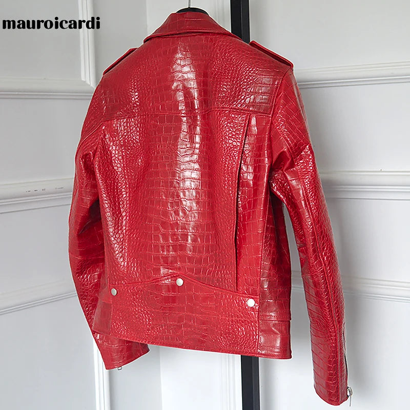 Mauroicardi Spring Red Crocodile Faux Leather Biker Jacket