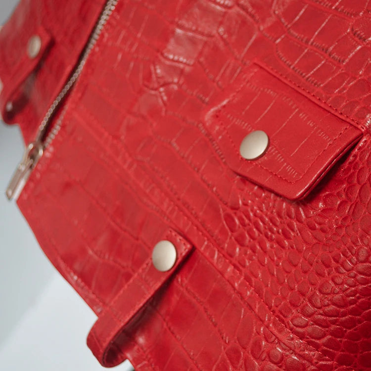 Mauroicardi Spring Red Crocodile Faux Leather Biker Jacket