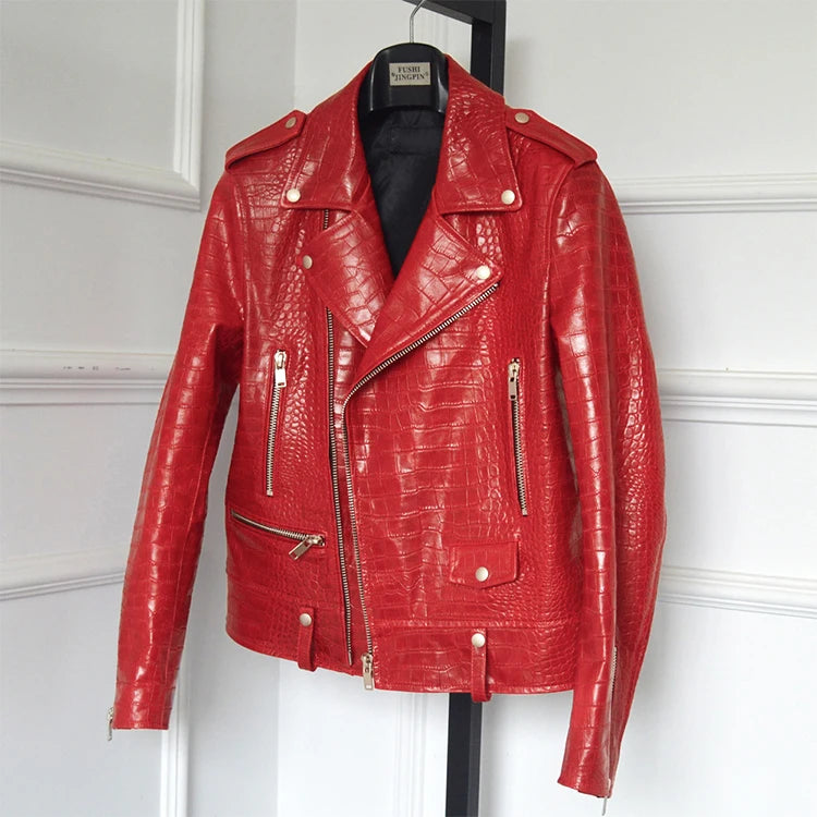 Mauroicardi Spring Red Crocodile Faux Leather Biker Jacket