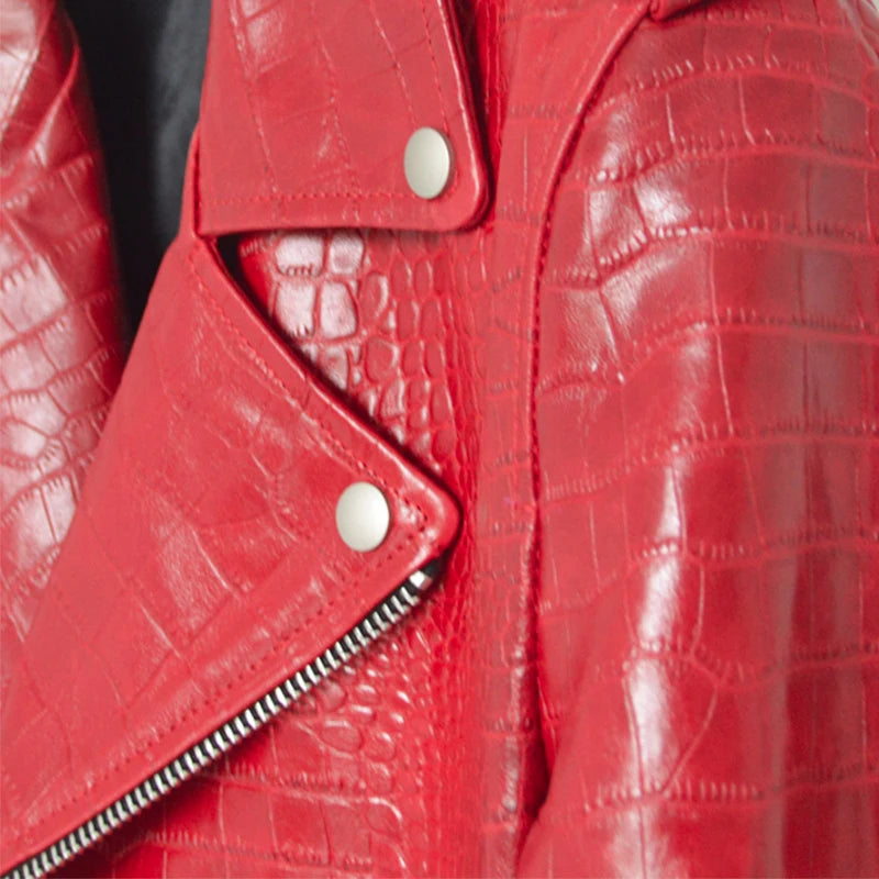 Mauroicardi Spring Red Crocodile Faux Leather Biker Jacket
