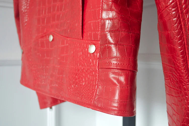 Mauroicardi Spring Red Crocodile Faux Leather Biker Jacket
