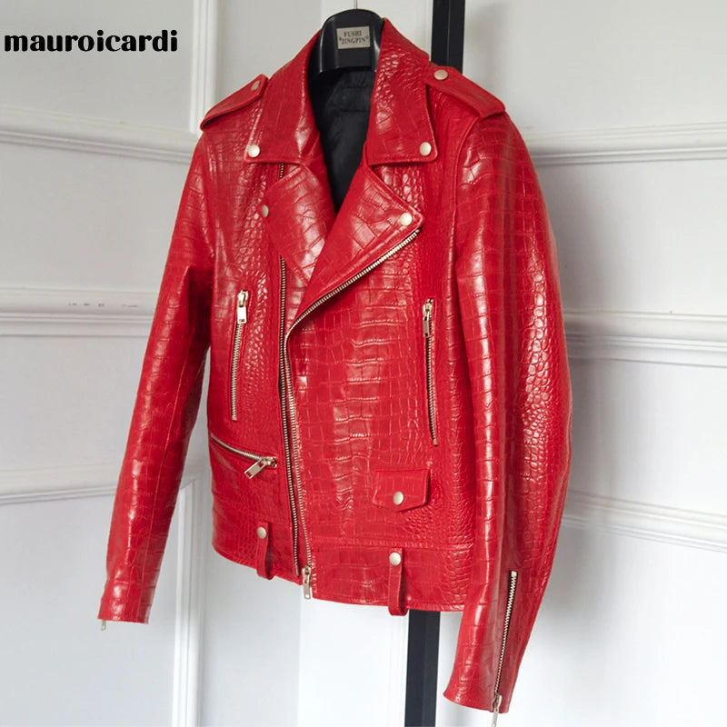 Mauroicardi Spring Red Crocodile Faux Leather Biker Jacket