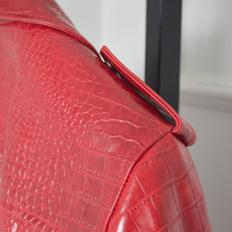 Mauroicardi Spring Red Crocodile Faux Leather Biker Jacket