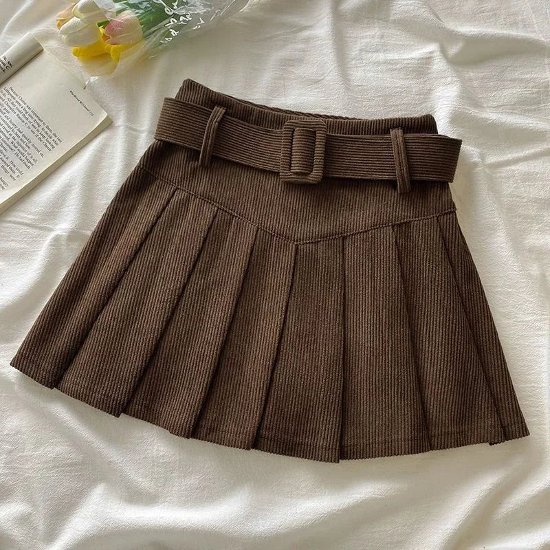 Cord Belted Pleated Skirt
