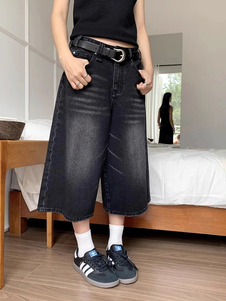 High Waist Black Retro Washed Denim Jorts