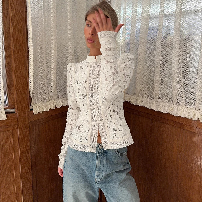 Linad Elegant Lace Embroidery Puff Sleeve White Shirt