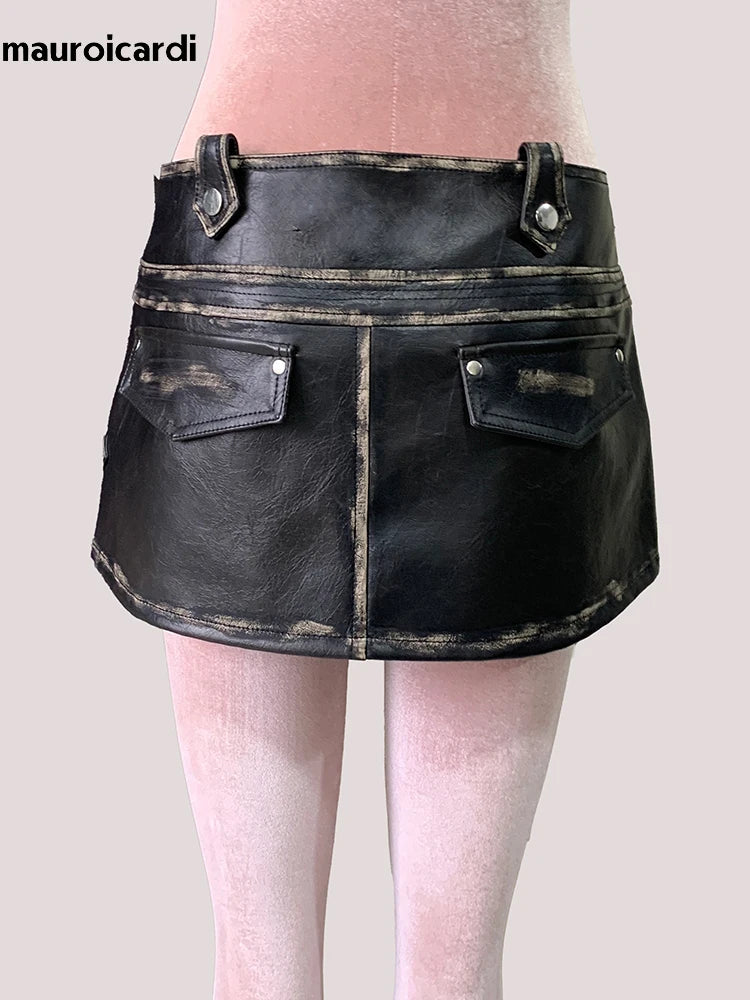 Mauroicardi Distressed Black Pu Leather Mini Asymmetrical Skirt
