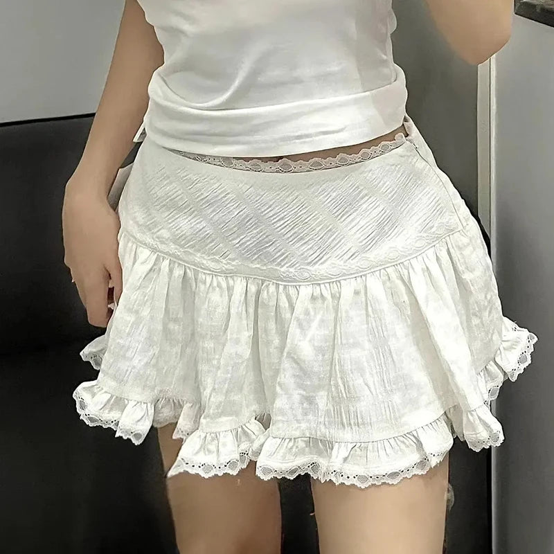 Balletcore Ruffled Mini Skirt with Lace Trim Low Rise Tiere