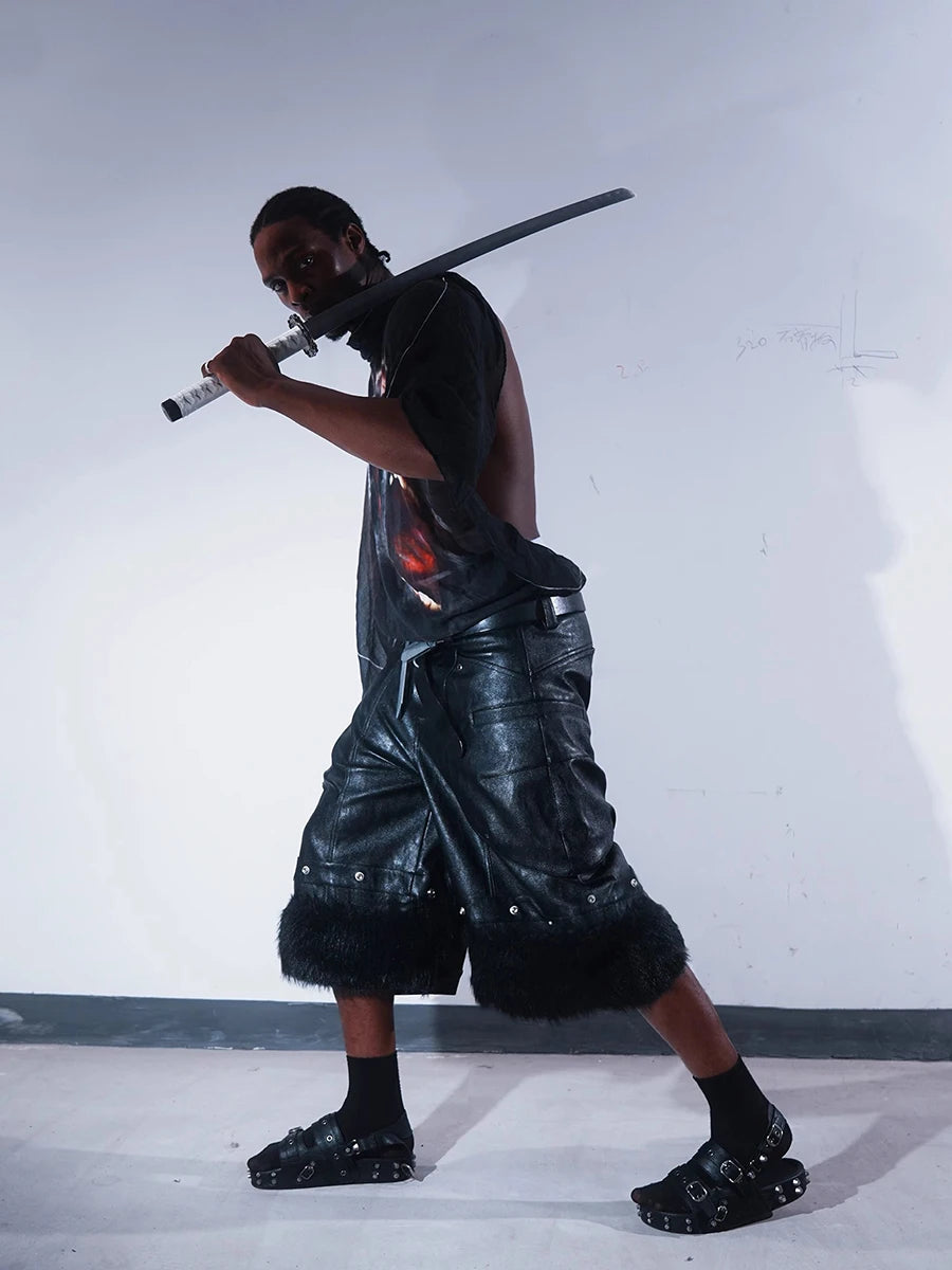 Mauroicardi Black Faux Fur Patchwork Pu Leather Short