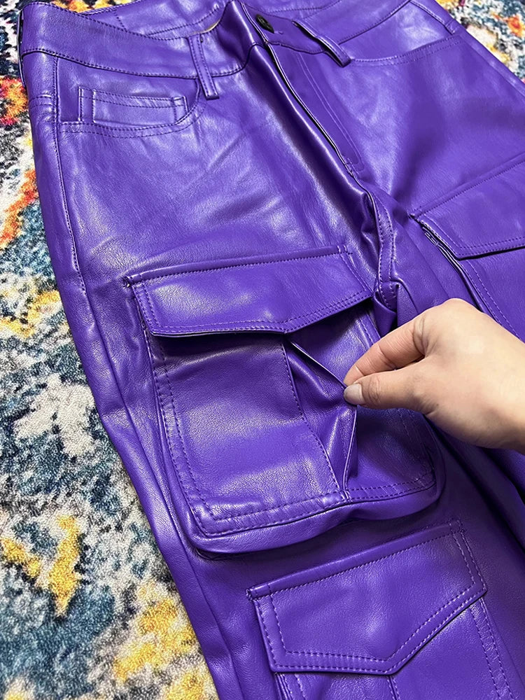 Mauroicard Long Fitted Purple Pu Leather Cargo Pants