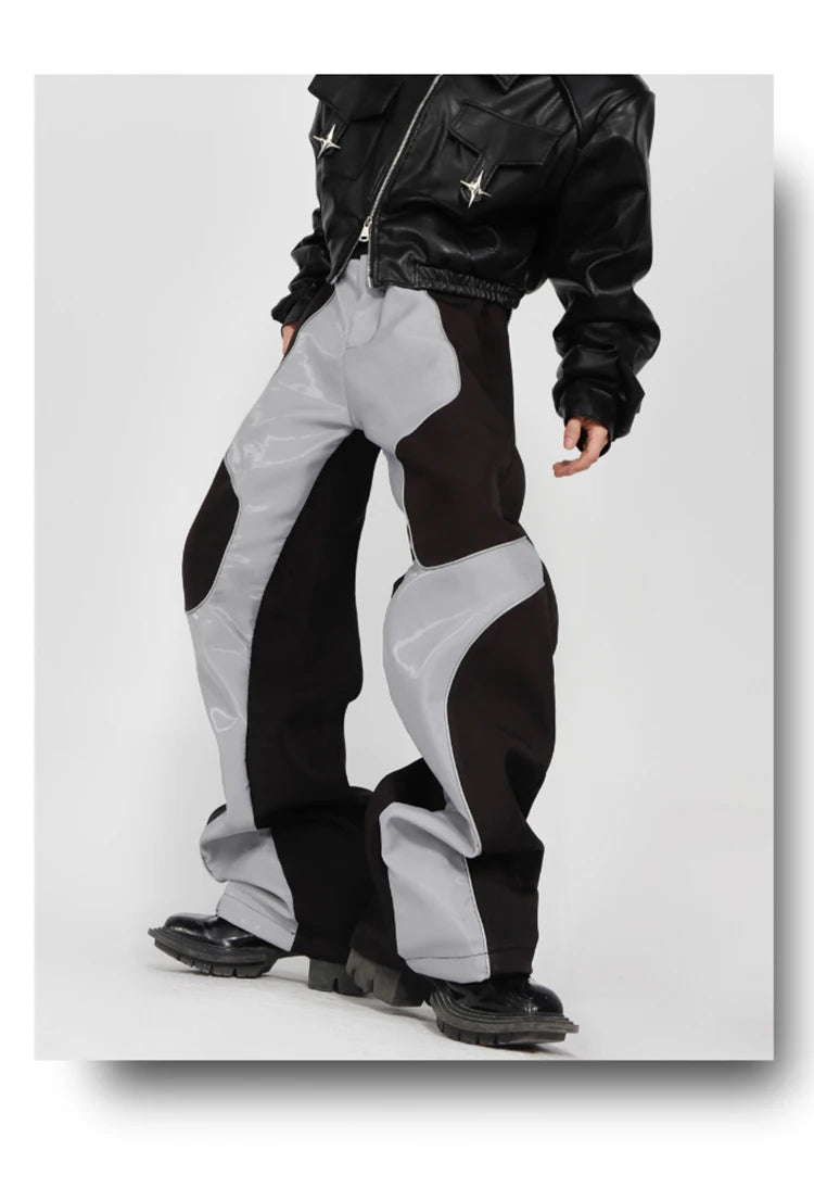 Mauroicardi Long Loose Casual Patchwork Pu Leather Pants