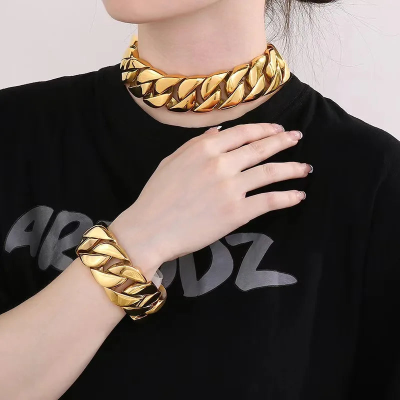 24mm 31mm  Gold Color Cuban Chain Choker Necklace Bracelet Set