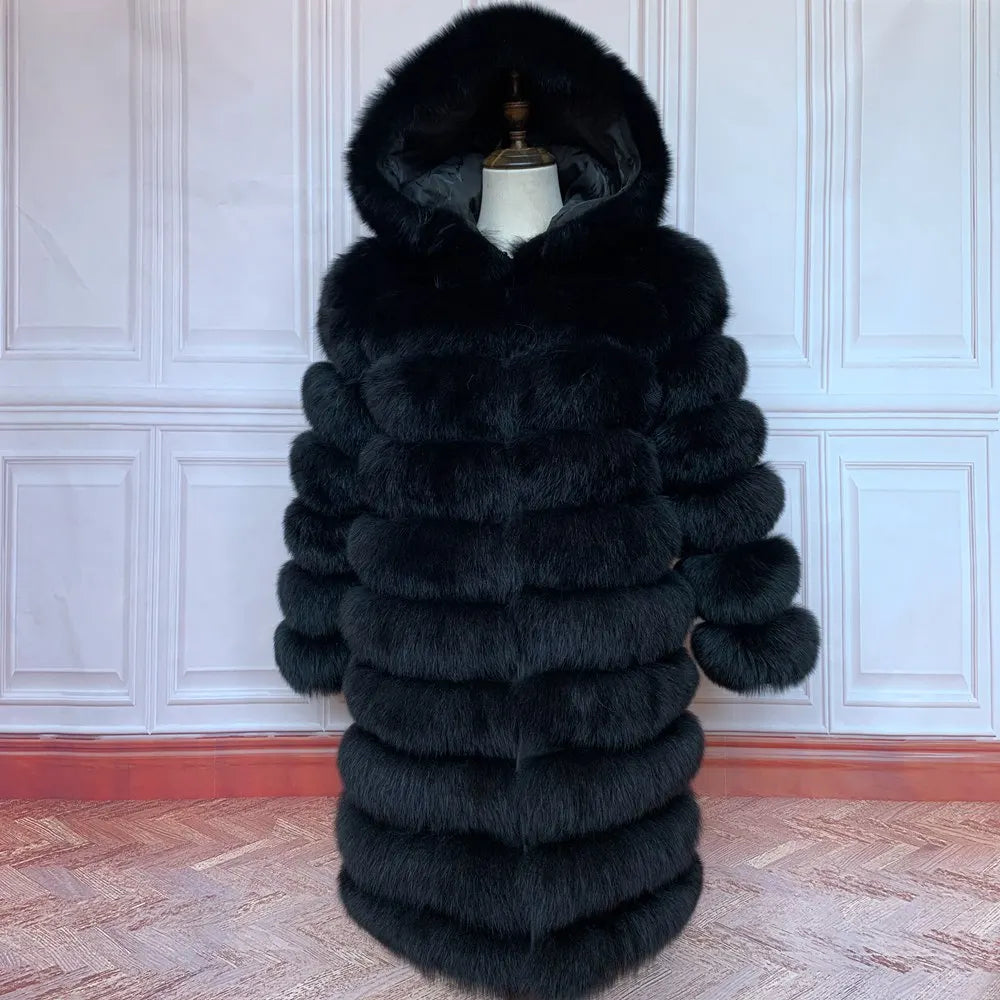 QUEENTINA Hood Fur Coat Thigh Length