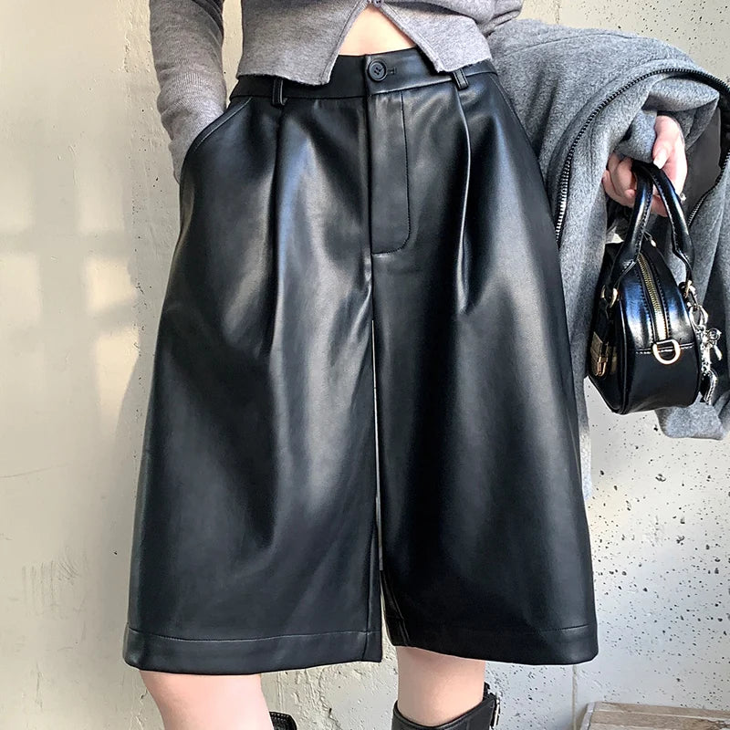 Vintage Black PU Leather Wide Leg Half Pants