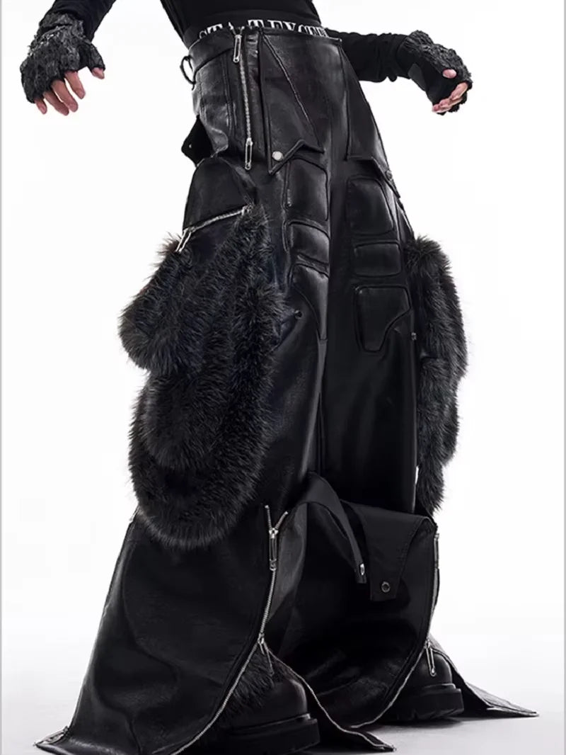 Mauroicardi Long Baggy Black Pu Leather Wide Leg Cargo Pants