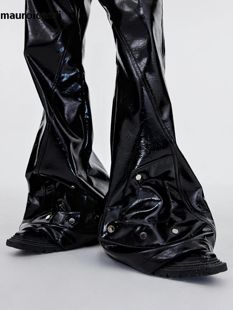 Mauroicardi Black Shiny Reflective Pu Leather Flare Pants