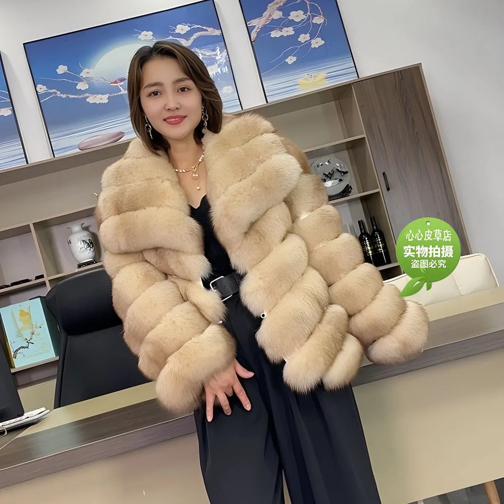 QUEENTINA Real Fox Fur Coat With Collar Overcoat