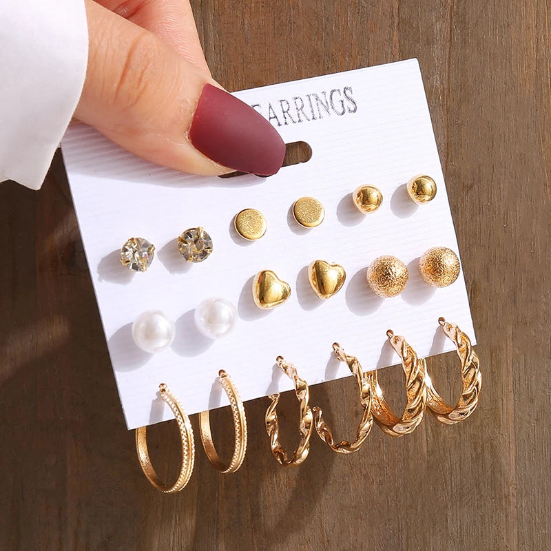 Gold Color Vintage Geometry Pearl Earrings Set