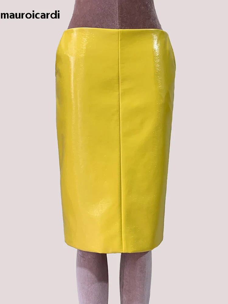 Mauroic  Shiny Reflective Bright Yellow Faux Leather Pencil Skirt