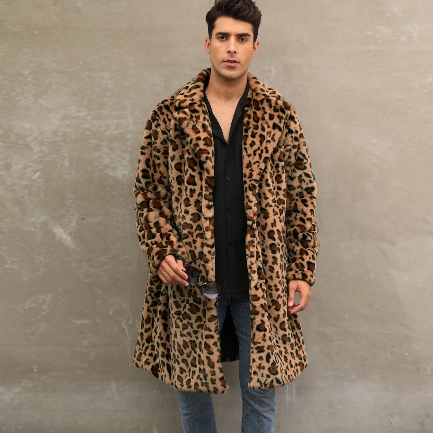 Men Faux Fur Thick Leopard Coat