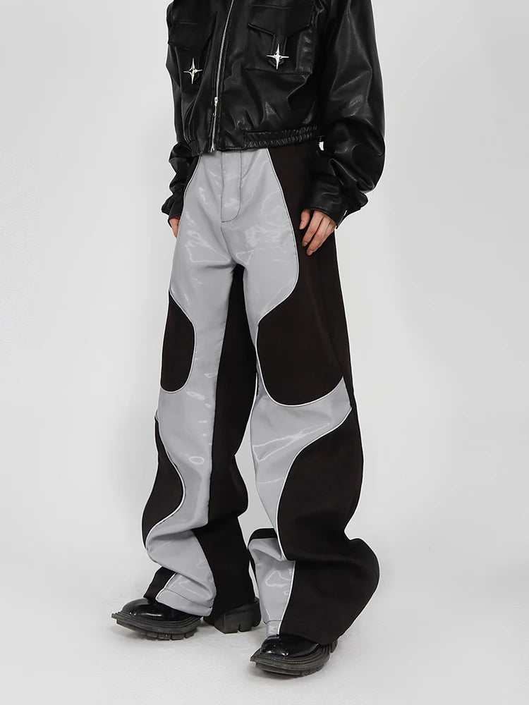 Mauroicardi Long Loose Casual Patchwork Pu Leather Pants