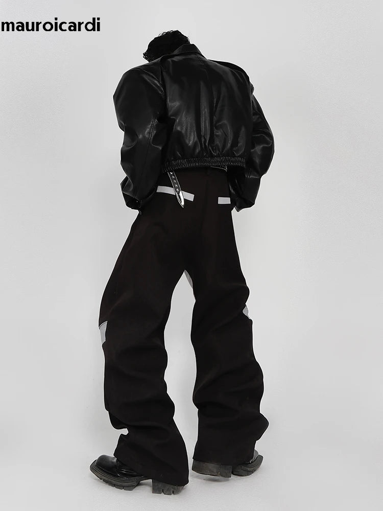 Mauroicardi Long Loose Casual Patchwork Pu Leather Pants