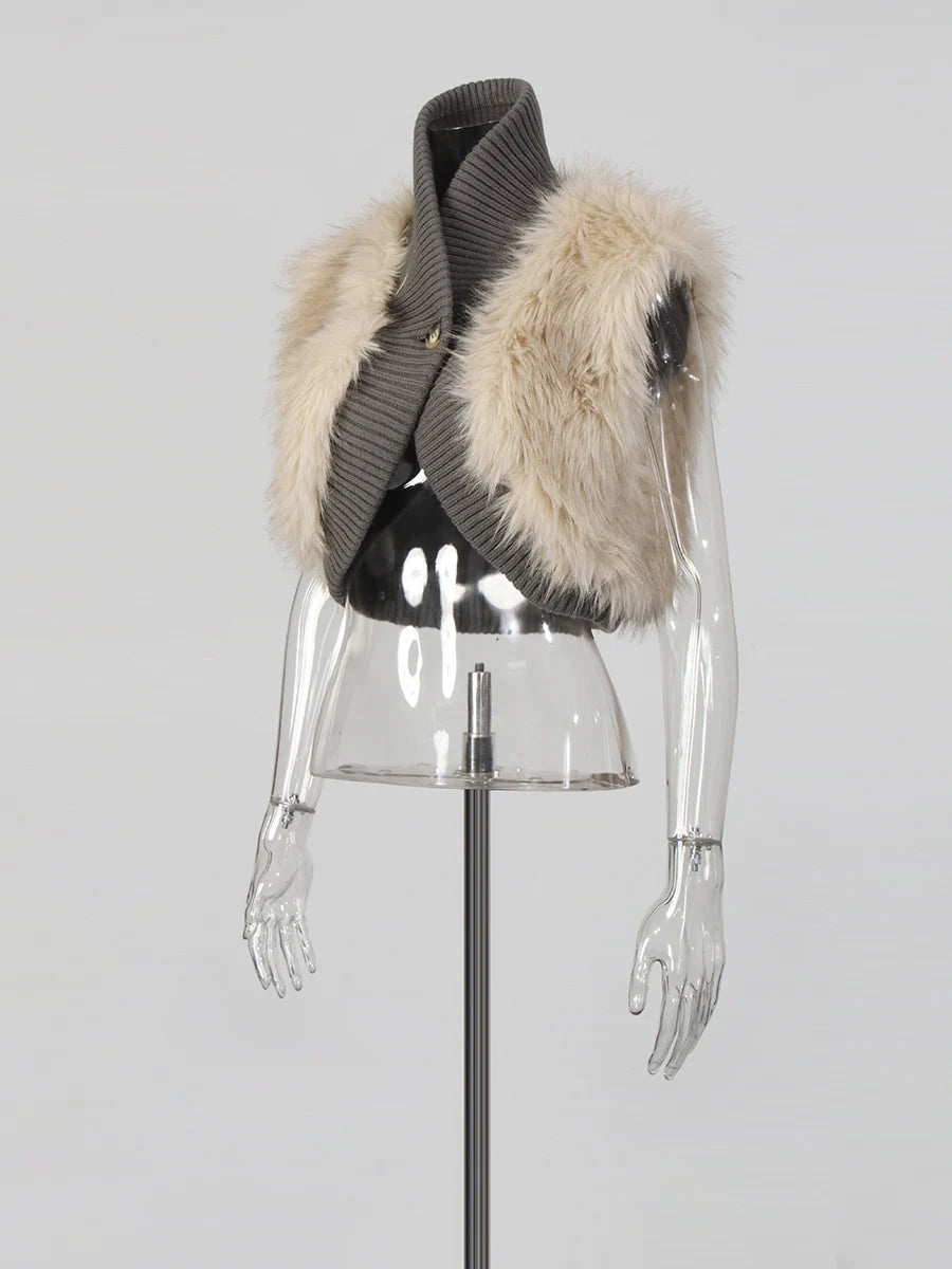 TWOTWINSTYLE V Neck Sleeveless Patchwork Fur Top