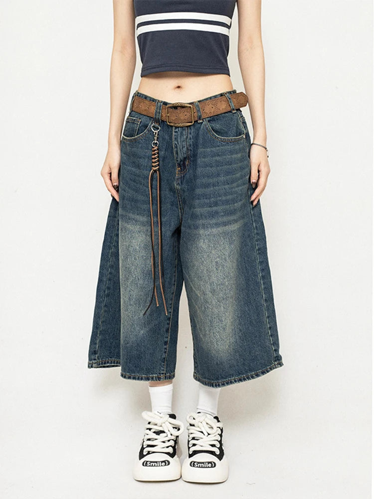 High Waist Black Retro Washed Denim Jorts