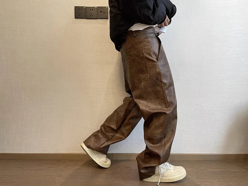 Mauroicardi Long Retro Distressed Pu Leather Wide Leg Pants