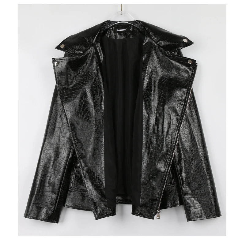 Mauroicardi Spring Red Crocodile Faux Leather Biker Jacket