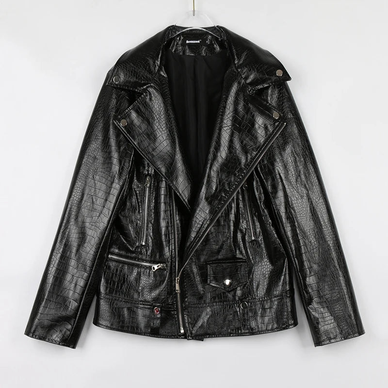 Mauroicardi Spring Red Crocodile Faux Leather Biker Jacket